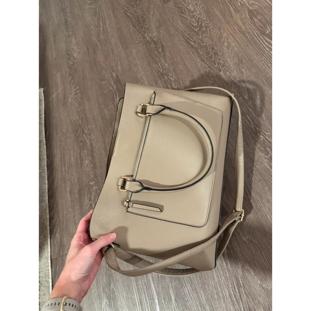 Structured Beige Taupe Faux Leather Satchel Work Tote Crossbody Bag